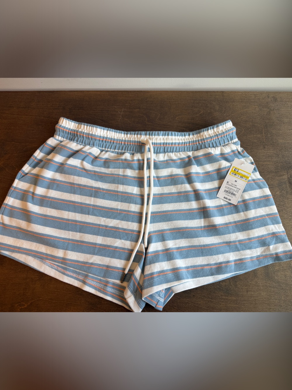 Striped Blue & White Drawstring Women's Shorts with Peach Accent